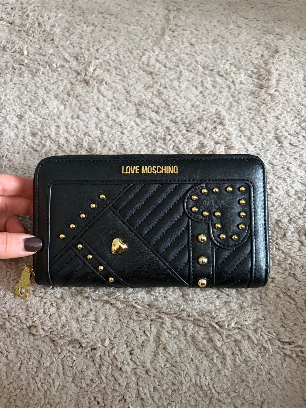 Love Moschino Black Quilted Heart-Stud Zip Wallet with Gold Accents
